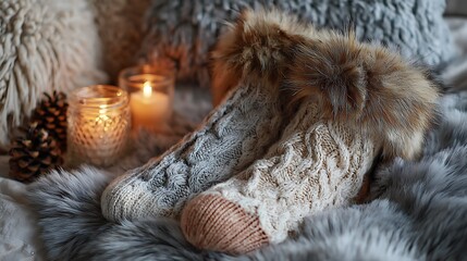 Cozy knit socks with fur, glowing candles, pinecones, warm feel.