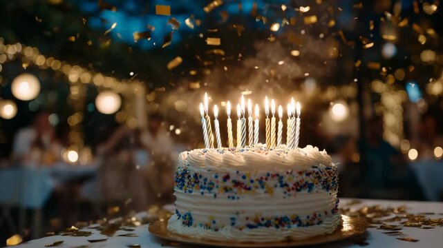 159Detailed birthday cake with glowing candles on table, friends in soft focus around, sparks flying and confetti falling, cinematic depth of field capturing festive energy