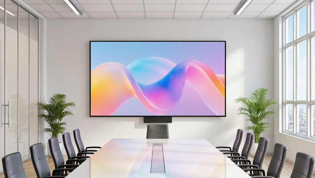 Modern office meeting room with large television for presentations and multimedia display