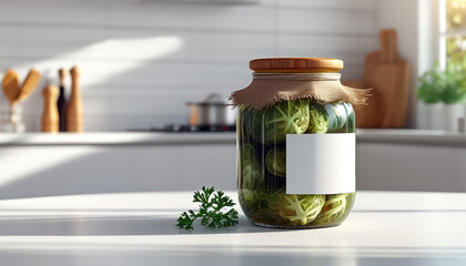 Glass jar with fermented vegetables in sunlit kitchen, perfect for culinary experiments and food preservation enthusiasts