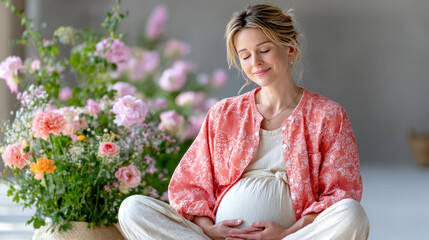 Pregnant woman sitting cross-legged on a yoga mat surrounded by pink flowers wearing a floral cardigan and smiling peacefully indoors.
