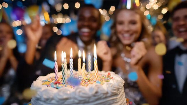 165Birthday cake in foreground with lit candles, adults celebrating behind in blurred motion, colorful confetti and sparkling light creating dynamic sense of joy