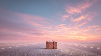 Journey's Start: An old suitcase sits centered on an open road, the sky ablaze with the hues of dawn, hinting at a journey's beginning and the promise of new adventures.