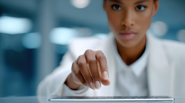 Cybersecurity access control. Woman presses virtual button on digital interface to authorize secure system login..
