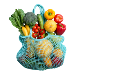 Top down flat lay of blue mesh grocery bag filled with fresh fruits and vegetables, symbolizing healthy and sustainable shopping.