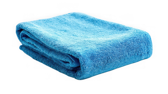 Folded blue towel isolated on transparent background for bathroom and spa