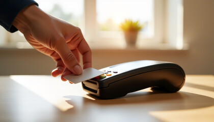 Contactless payment in modern retail environment featuring person using credit card at pos terminal
