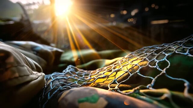 Defocused background of camouflage netting and equipment, sun rays filtering through, sense of routine and focus, with copy space.