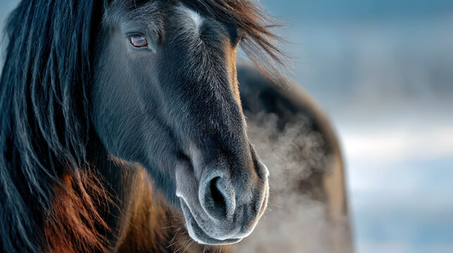 Winter close-up of black friesian horse with frosted muzzle and nostrils - Powered by Adobe