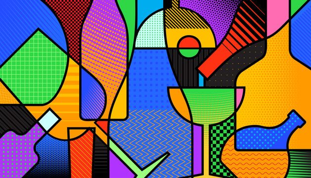 Various alcohol drinks banner design. Abstract bottles and glasses background
