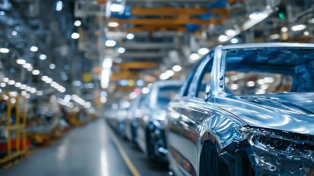 185Busy automotive production line, close-up of robots and human workers coordinating on car assembly, polished car bodies gleaming, conveyor system stretching into soft-focus backgro