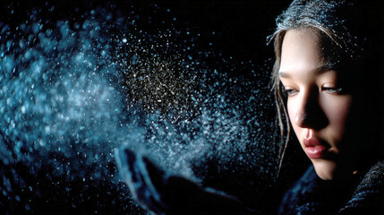 Fototapeta premium Close-up female profile in cold vapor. Facial mist, winter skincare hydration and barrier protection, shimmering particles in the air.