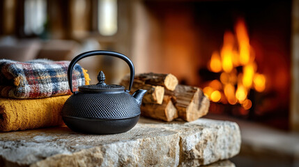 Black Iron kettle by fireplace with warm golden light from burning fire, cozy indoor setting for relaxation and comfort during winter evenings