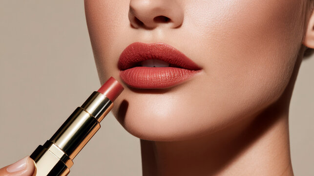 Close-up of lips applying nude lipstick at a diagonal angle. Smooth matte finish under soft studio light.