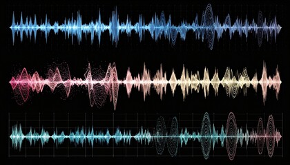 Digital interface with six waveform panels in blue, cyan, and purple. Top row shows horizontal waves; bottom row features jagged, complex patterns. Ideal for audio editing, sound analysis, or UI desig