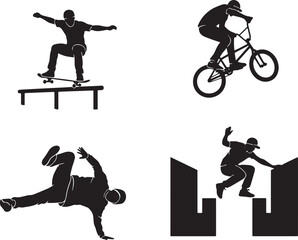 Fototapeta premium Silhouette set of skateboard bmx breakdance and parkour sport people on black and white