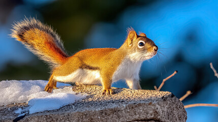 Obraz premium Squirrel close-up on snowy fence with diagonal motion for wildlife observation and nature study