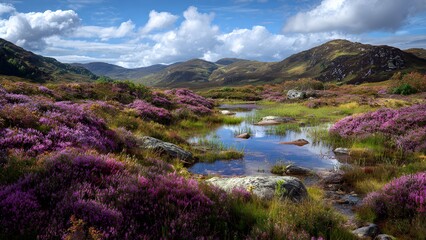 Naklejka premium Highland moor with heather - windswept hills blanketed in purple heather, dotted with small ponds and scattered stones
