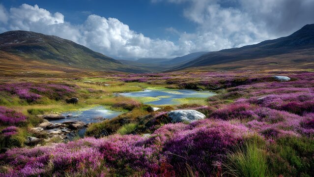 Highland moor with heather - windswept hills blanketed in purple heather, dotted with small ponds and scattered stones