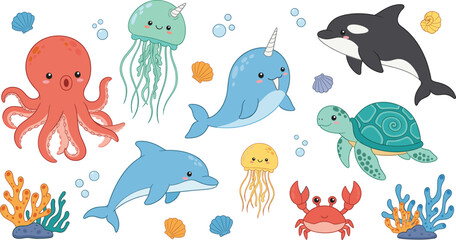Cute sea animals vector set with dolphin, whale, turtle, octopus, jellyfish, crab, coral reef and underwater ocean life clipart © Sumon Creative