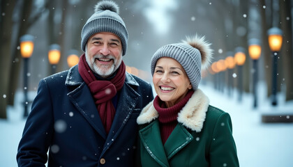 Winter stroll in snowy park with happy couple in warm clothes and knit caps