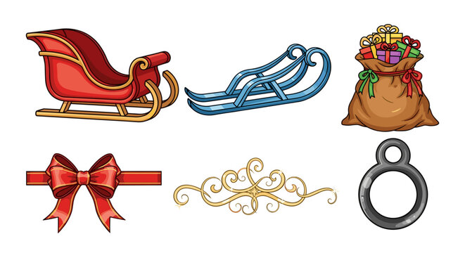 Cartoon christmas set with sleigh, bag of gifts, bow and decoration isolated on