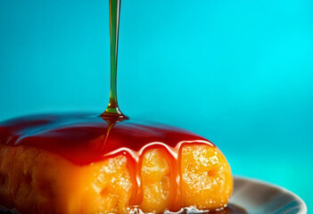 Close-Up of Caramel Glaze Dripping Over Dessert on Blue Background