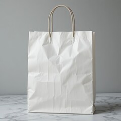 Elegant White Shopping Bag on a Marble Surface, Product Photography, Minimalist Style, Soft Lighting