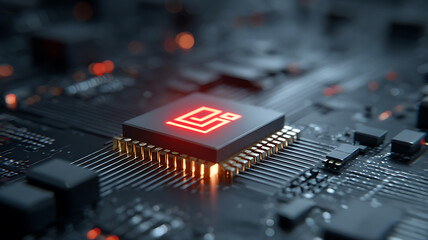 Close-up of a Central Processor Chip Glowing with a Red Symbol
