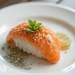 Gourmet Cuisine on a Plate, Fine Dining, Indoor Setting, Close-Up View, Freshness Concept