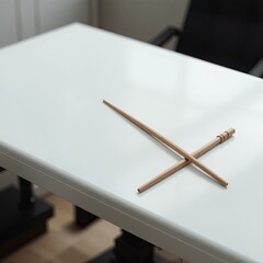 Solo Bamboo Chopsticks on a White Tablecloth, Minimalist Dining Scene, Modern Interior, Photography, Calm Atmosphere, Top View