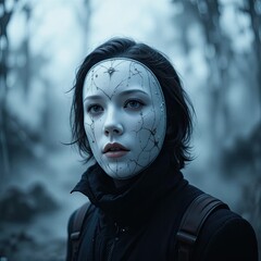 Mysterious Figure, Enigmatic Character, Foggy Woods, Portrait, Surreal Atmosphere, Close-Up, Intriguing Identity Exploration