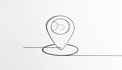 Minimalist location pin icon formed by continuous black line curving from left into pin shape. Set against light gray gradient background, symbolizing navigation, travel, and geographic positioning.