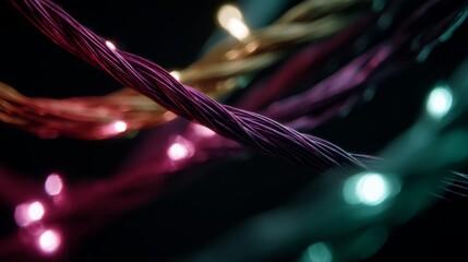 Closeup of glowing neon fiber optic cables twisting through dark tech environment highlighting data transmission and vibrant colors with copy space on right