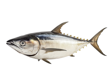 Tuna isolated on transparent background, showcasing its streamlined body, dark blue back, and silvery belly, highlighting its adaptation for speed and agility in the ocean
