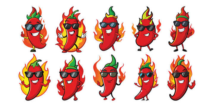 red chili mascot wearing sunglasses with fire vector design icons sate illustration.