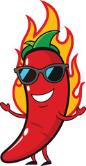 Funny red hot chili pepper cartoon character with  flame symbol illustration vector art