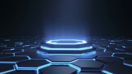 An octagonal pedestal with glowing blue light stands on a hexagonal tiled floor A beam of light shines down from a dark empty background - Powered by Adobe