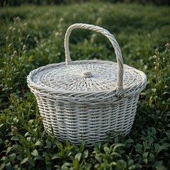 Nature Scene, Woven White Basket, Green Grass Field, Photography, Outdoor, Ground Level, Tranquility