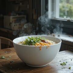 Delicious Steaming Rice Bowl Preparation in Cozy Kitchen Environment
