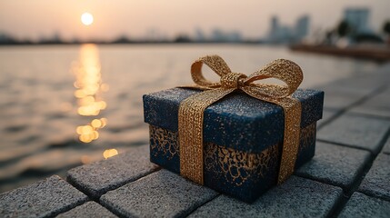 Elegant blue gift box with shimmering gold ribbon at sunset