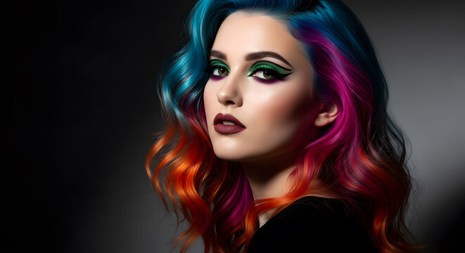 Vibrant Hair Portrait: A woman with multicolored hair, styled in a cascade of brilliant hues, showcasing a fusion of creativity and style, embodying self-expression and artistry.