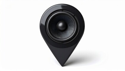 Black speaker embedded in stylized location pin shape against plain white background. Merges audio and geolocation concepts, ideal for sound mapping, tech branding, or location-based media visuals.