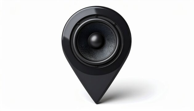 Black speaker embedded in stylized location pin shape against plain white background. Merges audio and geolocation concepts, ideal for sound mapping, tech branding, or location-based media visuals.