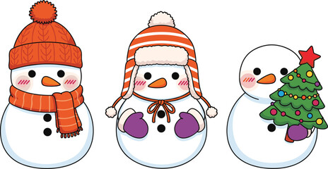 Cute winter snowman characters wearing cozy hats and scarves, holding Christmas tree, adorable festive holiday season vector illustration