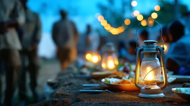 Defocused twilight scene of soldiers and locals sharing a meal after a day of work, soft light of lanterns, unity and mutual respect, with copy space