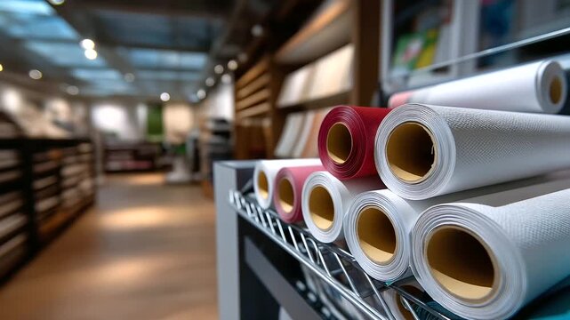 Defocused view of renovation materials aisle with rolls of wallpaper and tile samples, soft lighting creating depth, with copy space.
