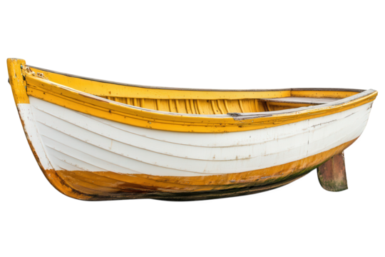 A charming yellow and white rowboat isolated on transparent background, showcasing its classic design and inviting one to imagine peaceful moments on the water