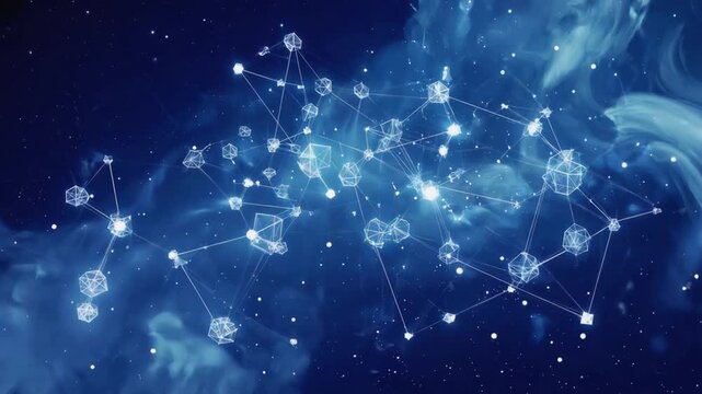 Blockchain network visualization with glowing data nodes and interconnected lines on a deep blue digital background representing data flow