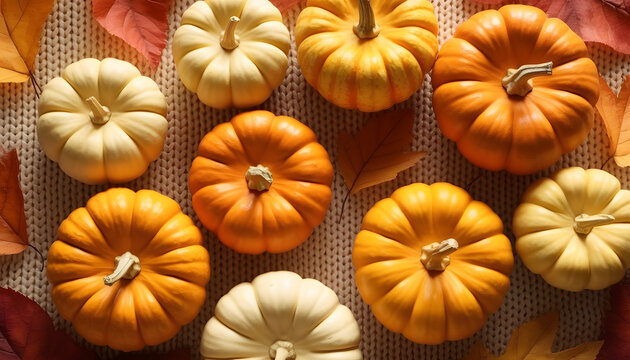 Warm autumn seamless pattern featuring cozy elements like pumpkins, leaves, and knit textures, sweater, autumn wallpaper